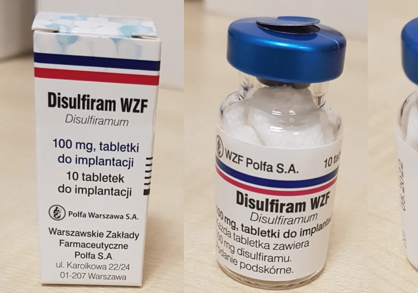 Wszywka alkoholowa Esperal Niepołomice: fiolka disulfiramu obok opakowania leku
